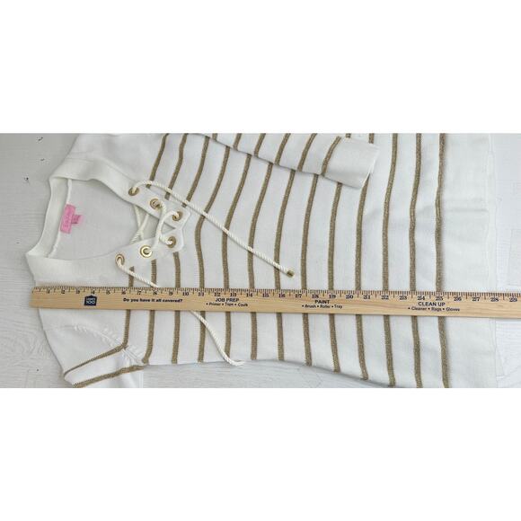 Lilly Pulitzer White Sweater Gold Metallic Stripes Tie Front Winter Casual S - Picture 7 of 8